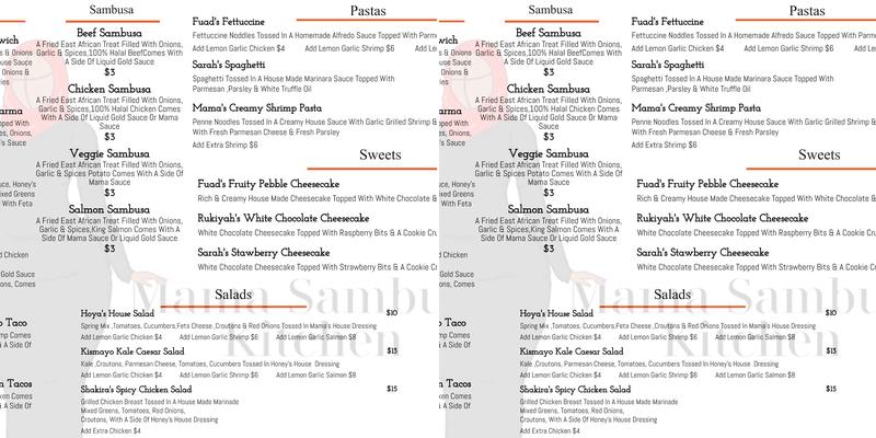 Mama Sambusa Kitchen Menu