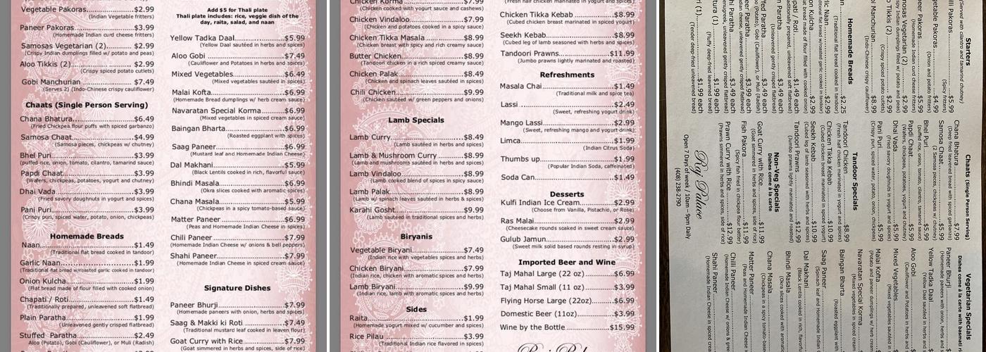 Raj Palace Menu