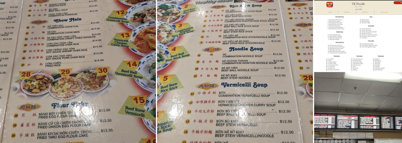 TK Noodle Menu