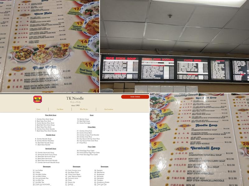 TK Noodle Menu