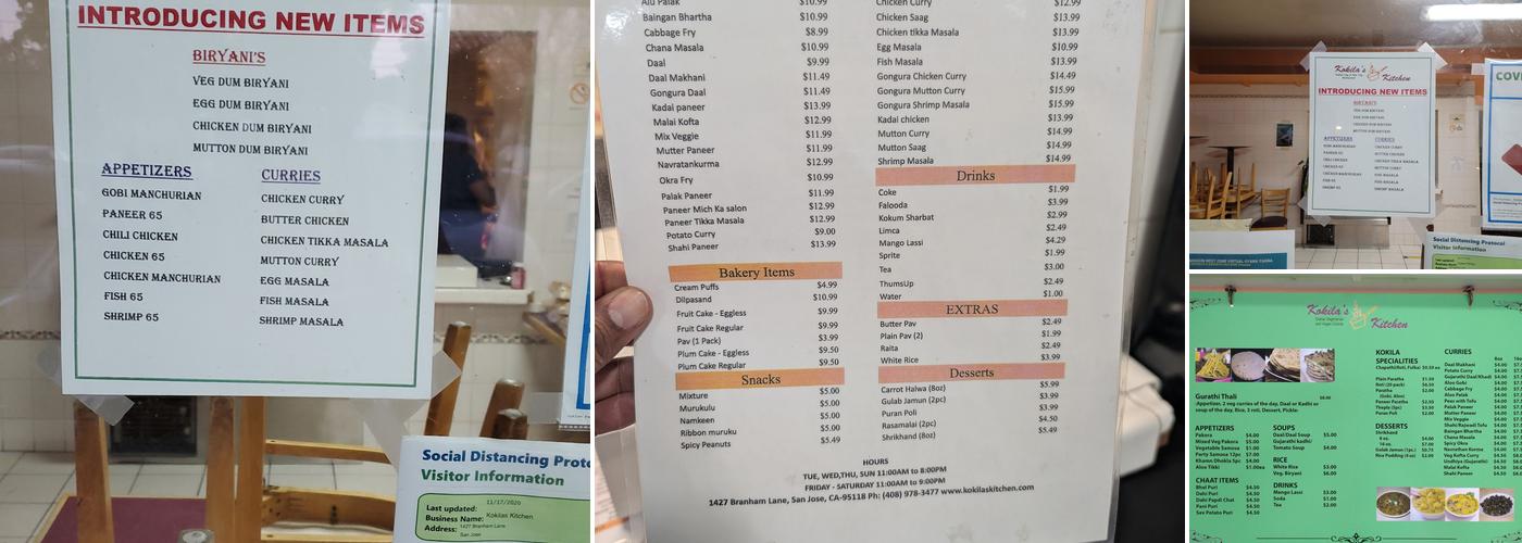 Kokila's Kitchen Menu