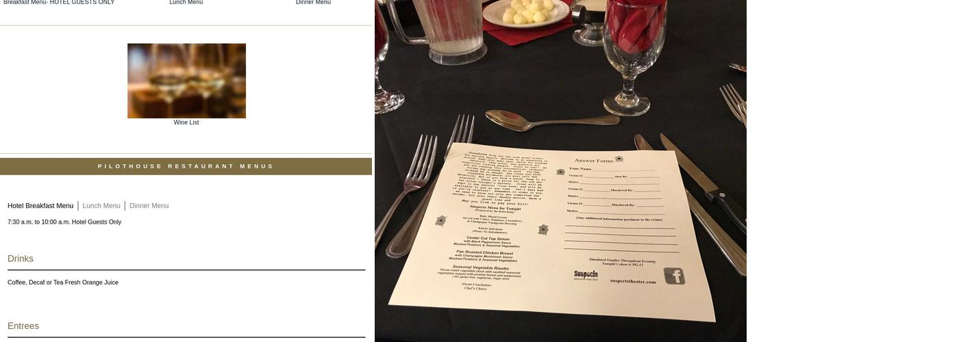 suspect dinner theater Menu