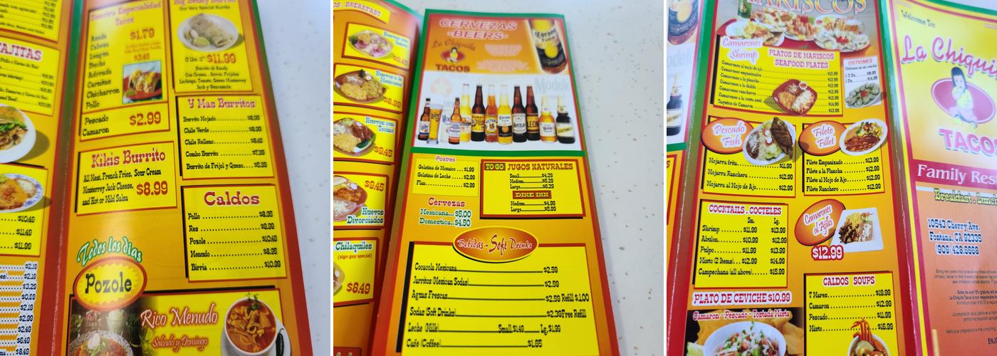 La Chiquita Tacos Menu