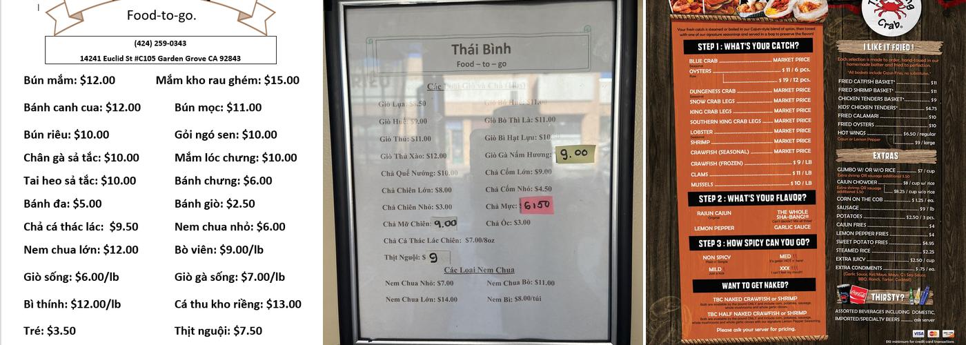Thai Binh Lo Cha Lua Menu