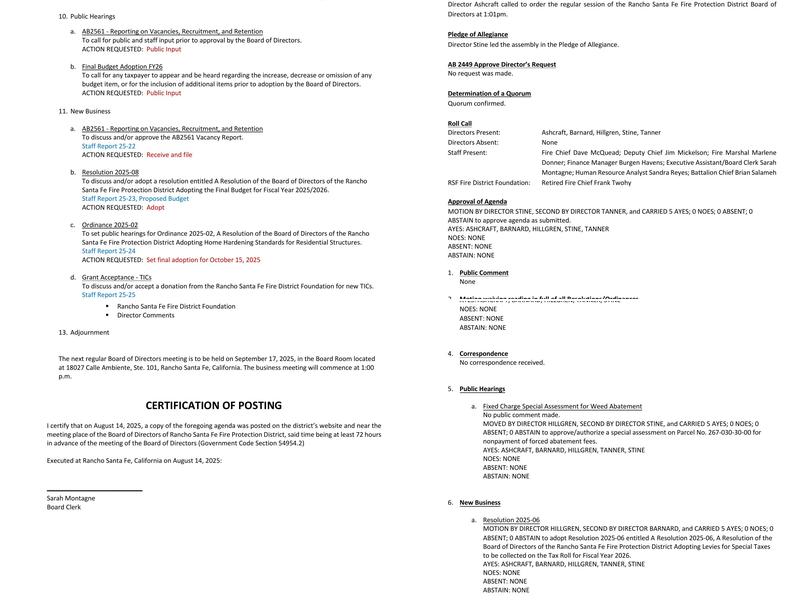 Rancho Santa Fe Fire Protection District Administrative Offices Menu