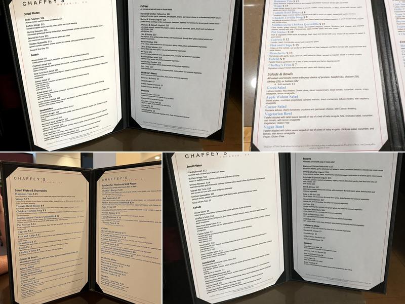 chaffey's restaurant Menu