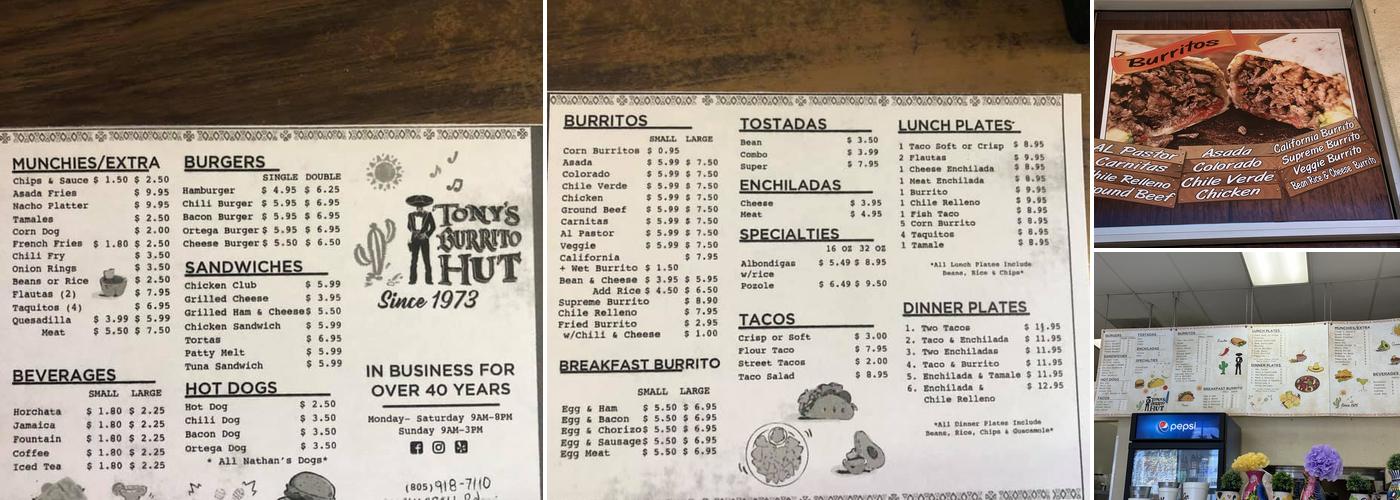 Tony's Burrito Hut Menu