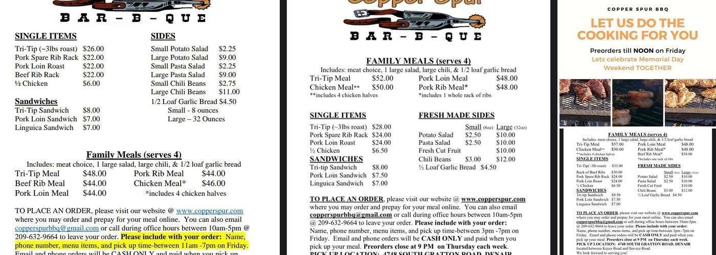 copper spur bar-b-que, inc. Menu