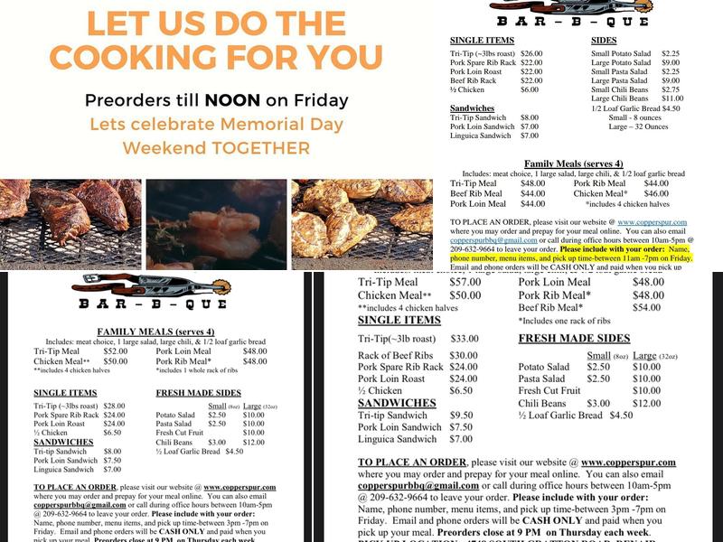 copper spur bar-b-que, inc. Menu