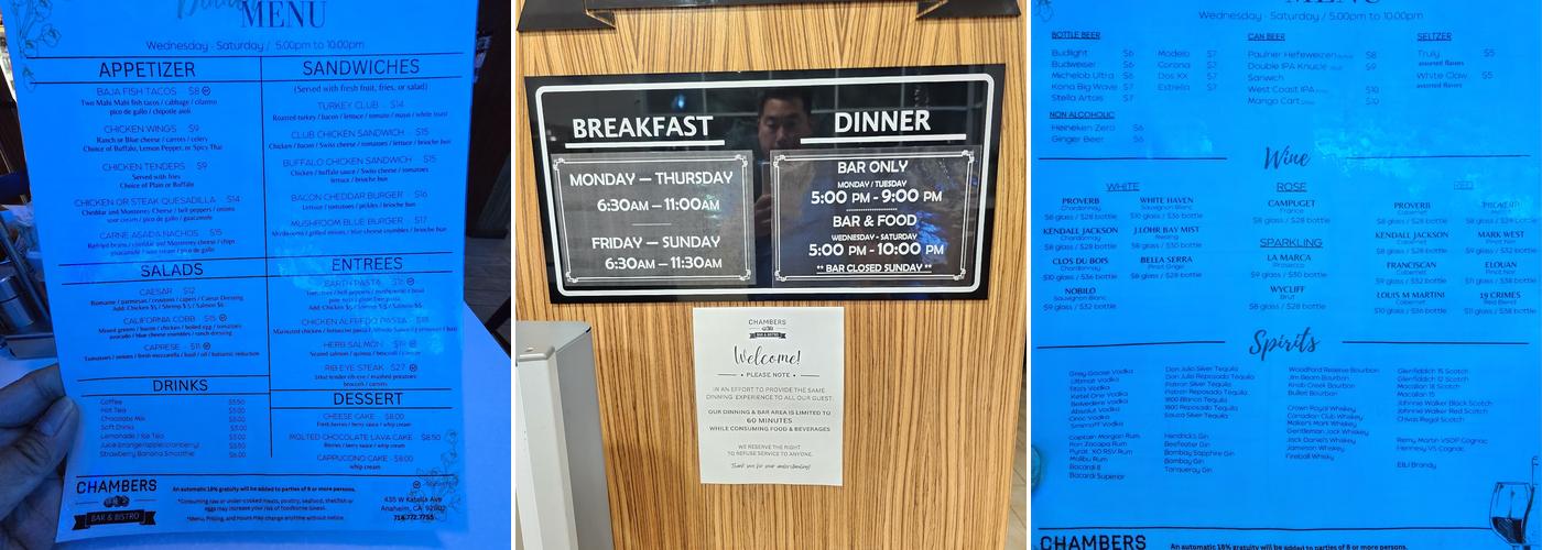 Chambers Bar & Bistro Menu