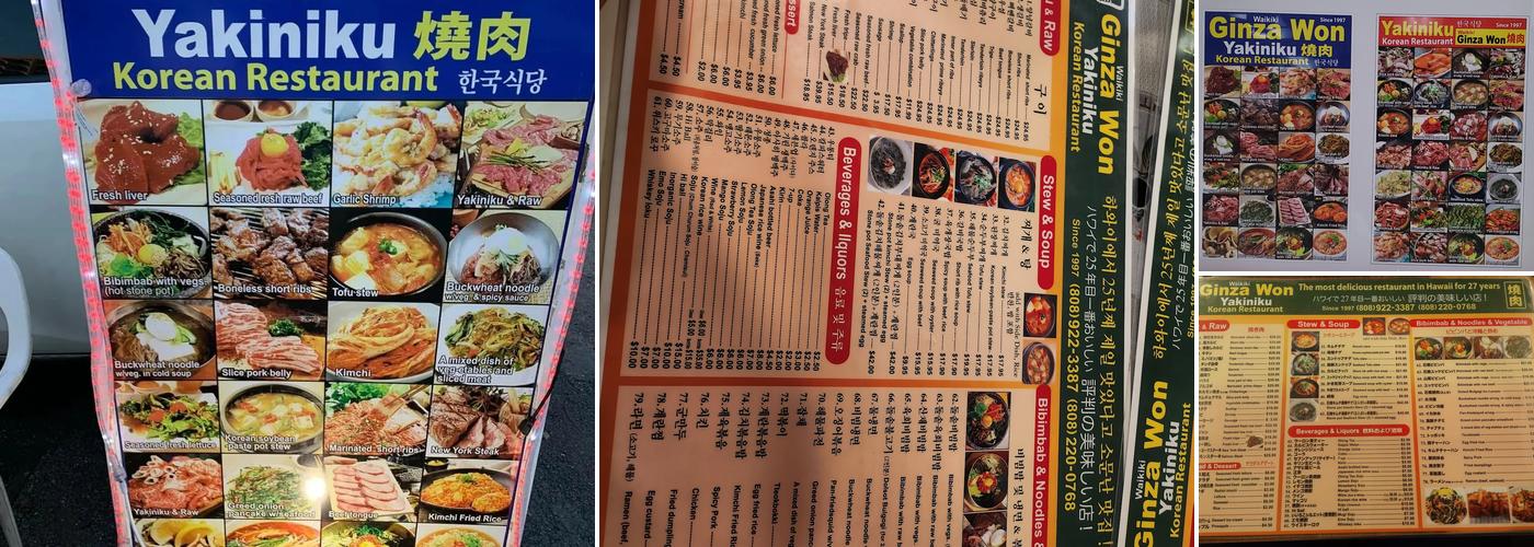 Ginza Won Restaurant Menu