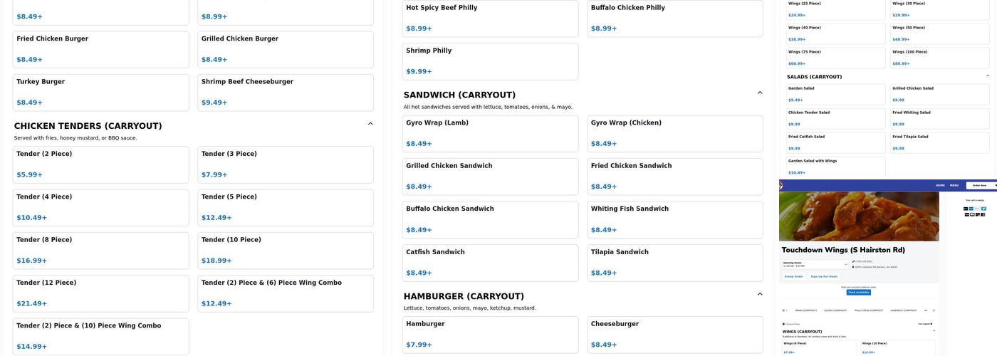 TOUCHDOWN WINGS Menu