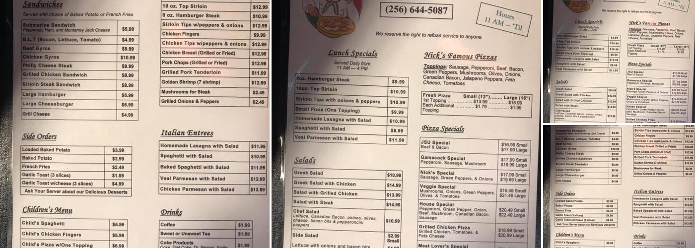Nick's Place Menu