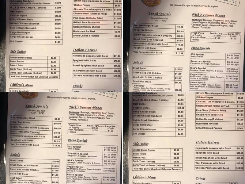 Nick's Place Menu