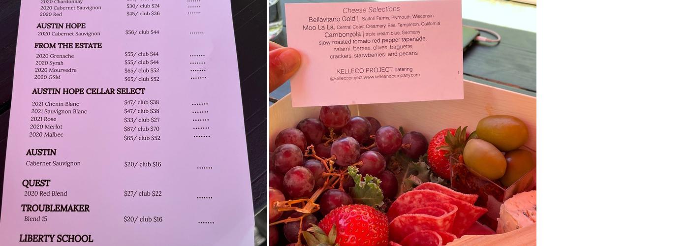 Austin Hope Winery Menu