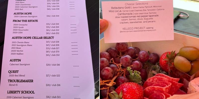 Austin Hope Winery Menu