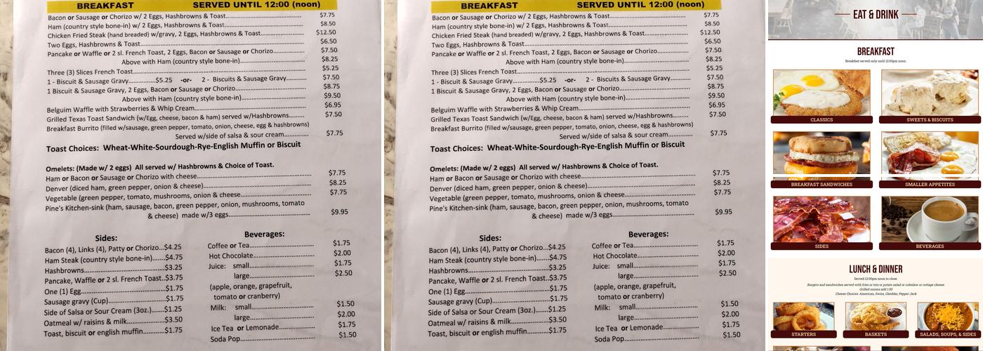 Pine Cafe Menu