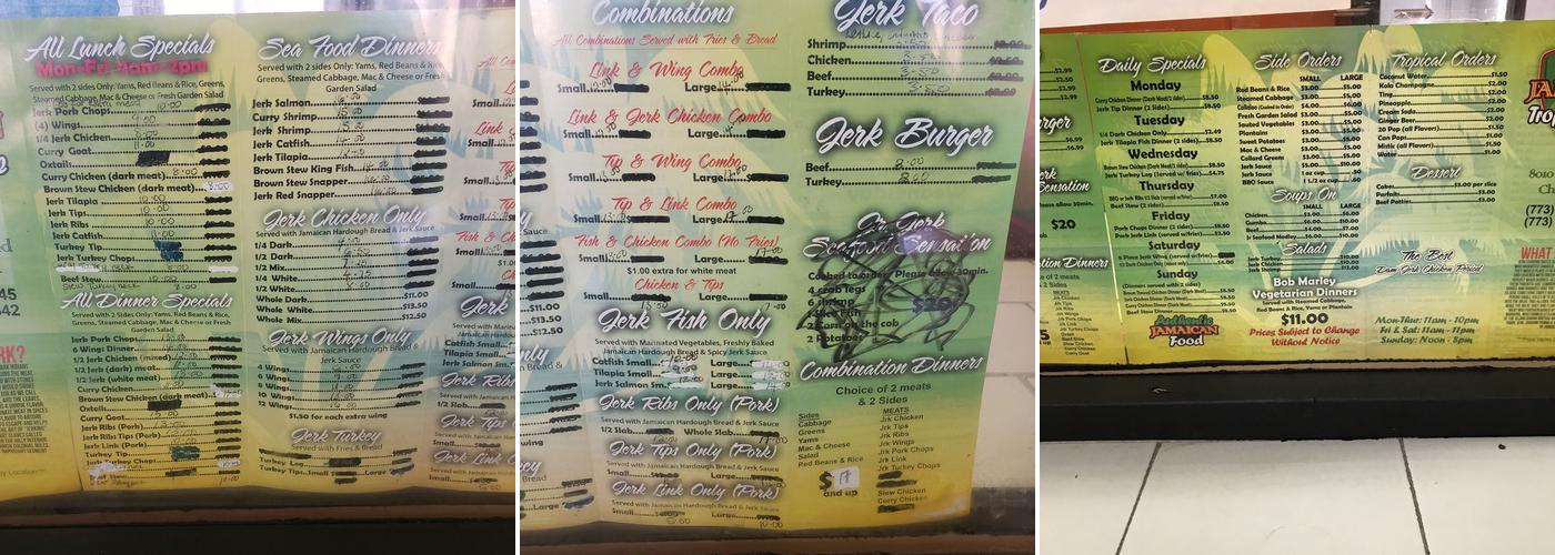 Jamaican Tropical Cuisine Menu