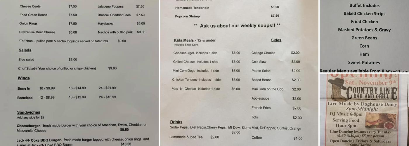 Country Line Bar and Grill Menu