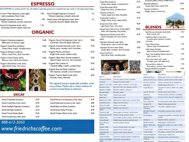 Friedrichs Coffee Office and Roastery Menu