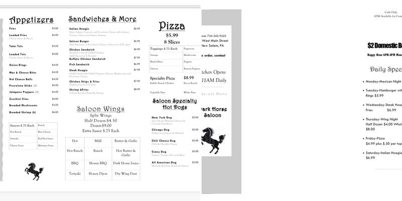 Dark Horse Saloon New Salem Menu