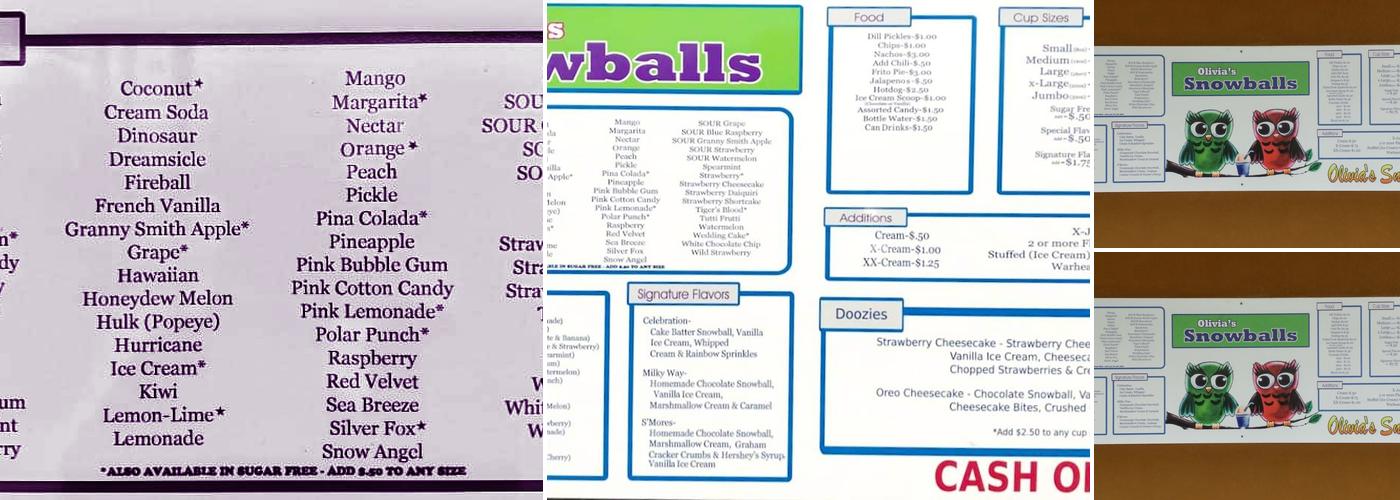 Olivia's Snowballs Menu