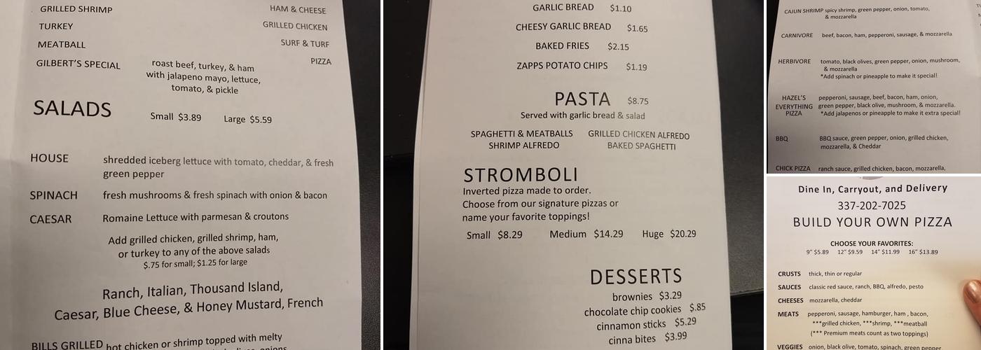 Gilbert's Pizza Menu