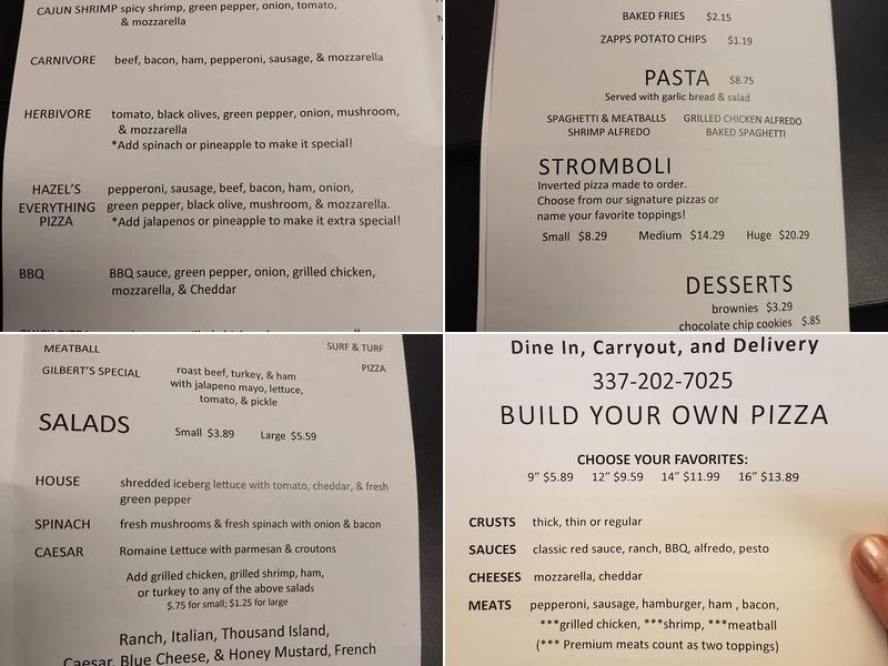Gilbert's Pizza Menu
