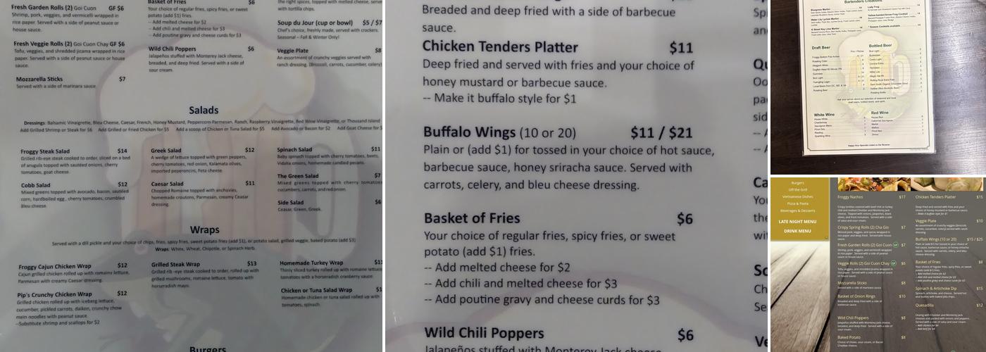 Froggy Bottom Pub Menu