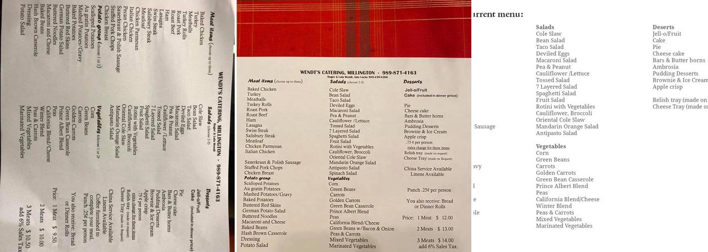 Wendt's Catering Menu