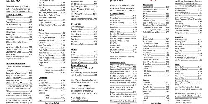 J D Truffles Catering Menu