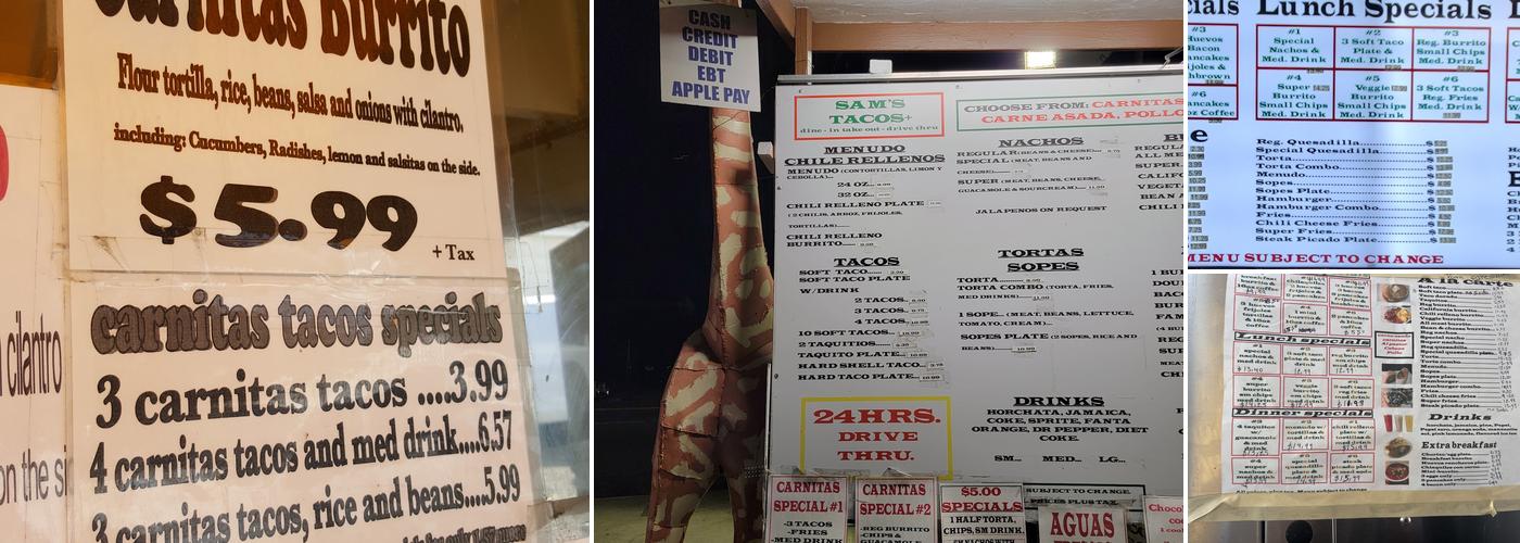 Sam's Tacos Menu