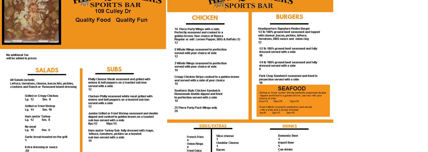 The Headquarters Sports Bar Menu