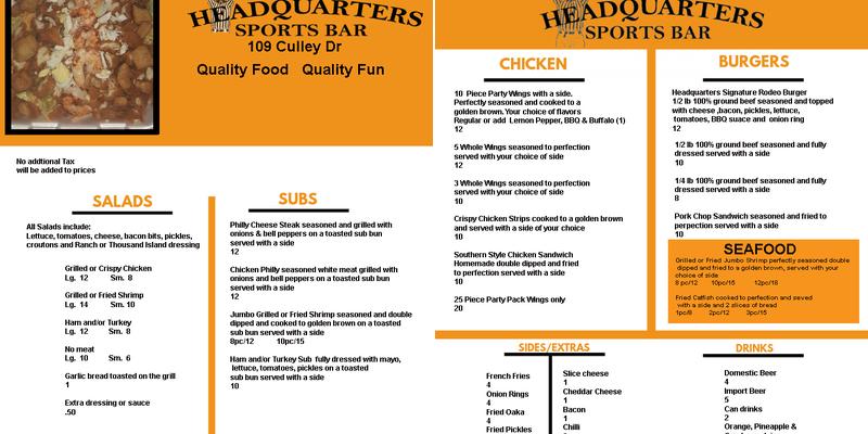 The Headquarters Sports Bar Menu