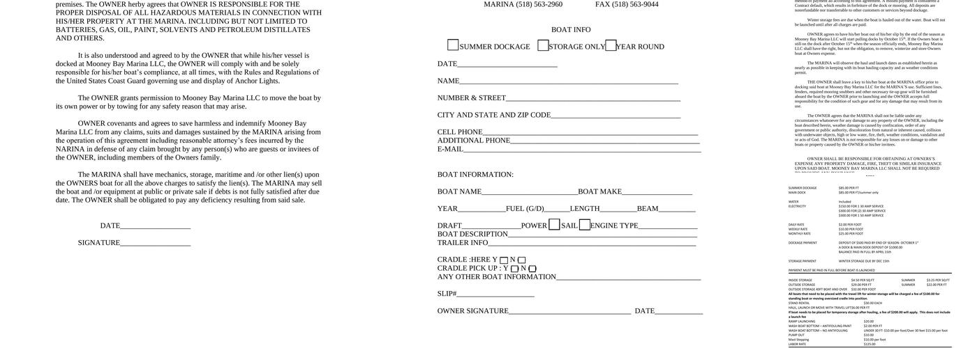 Mooney Bay Marina Menu