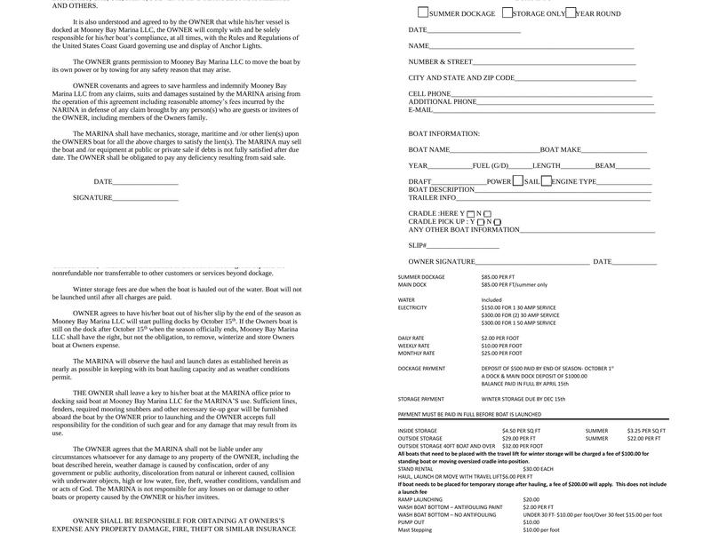 Mooney Bay Marina Menu