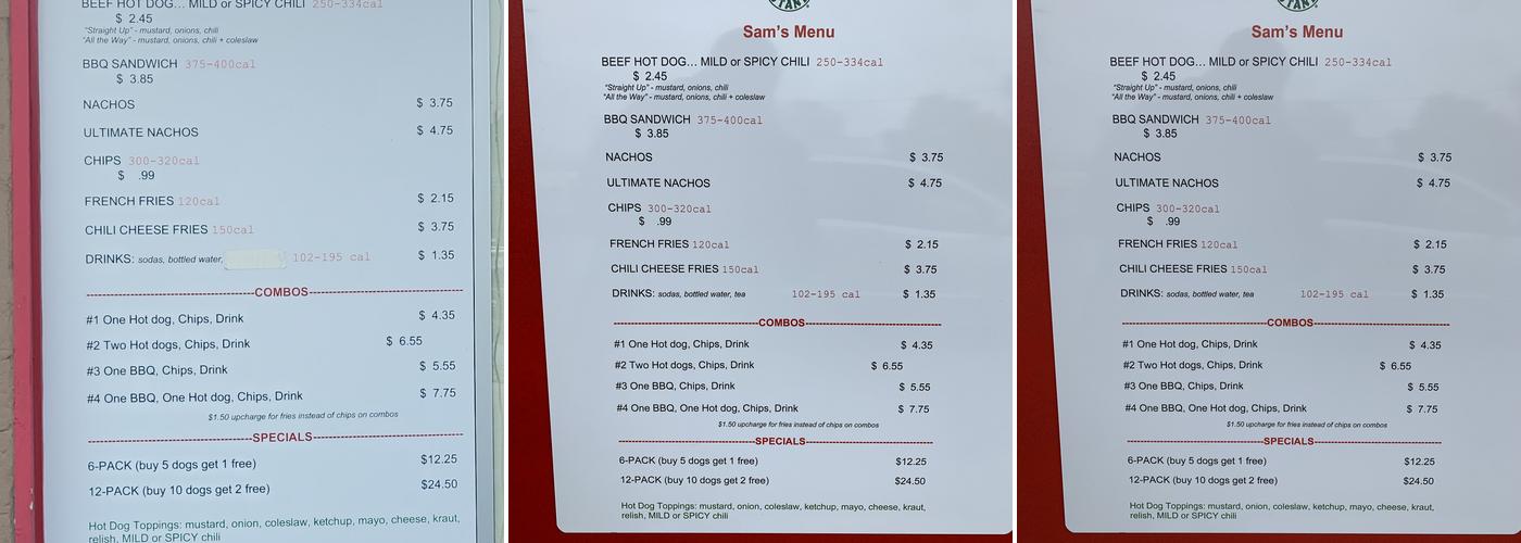 Sam's Hot Dogs Menu