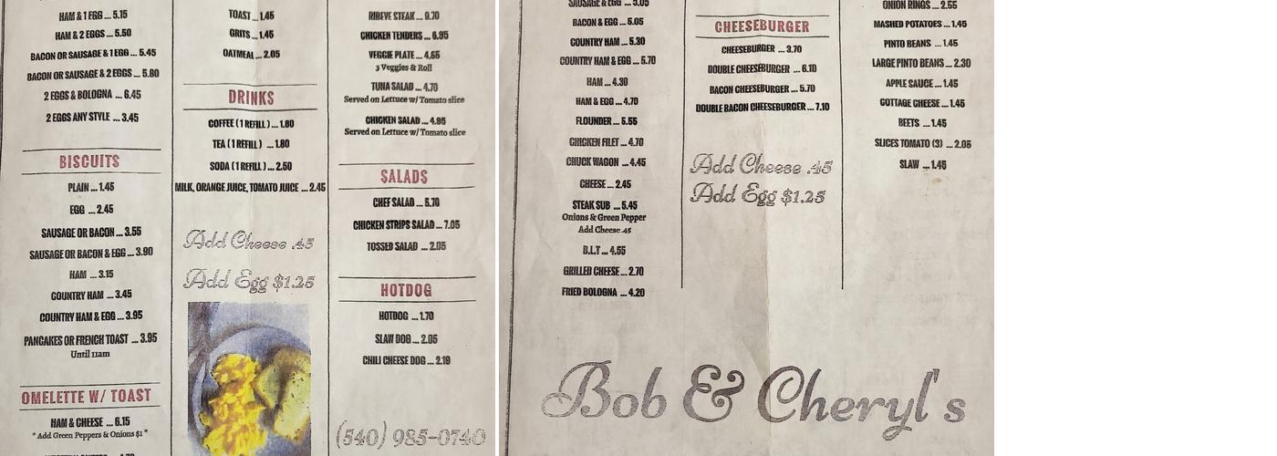 Bob & Cheryl's Menu