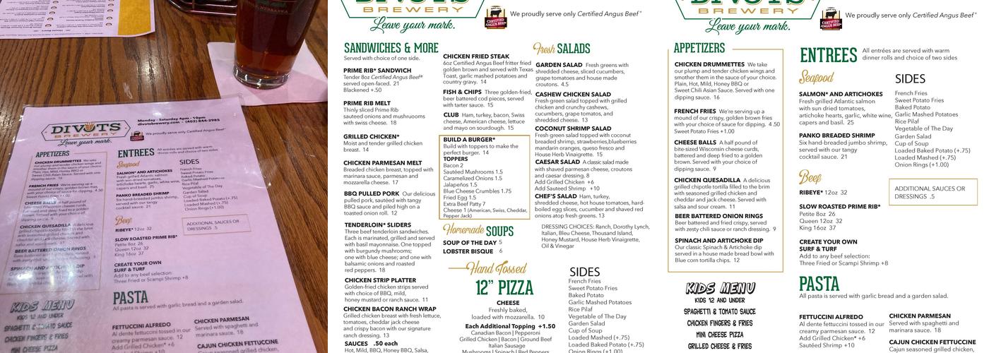 Divots Brewery Taproom Menu