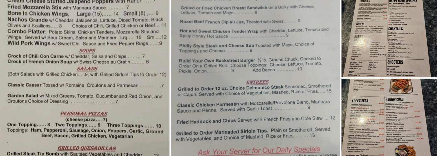 backstreet bar and grill Menu