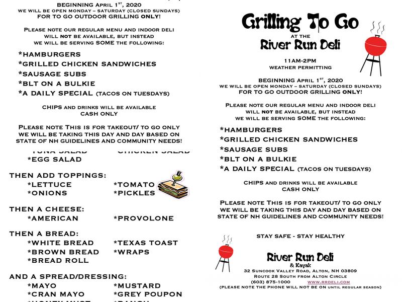 River Run Kayak Menu