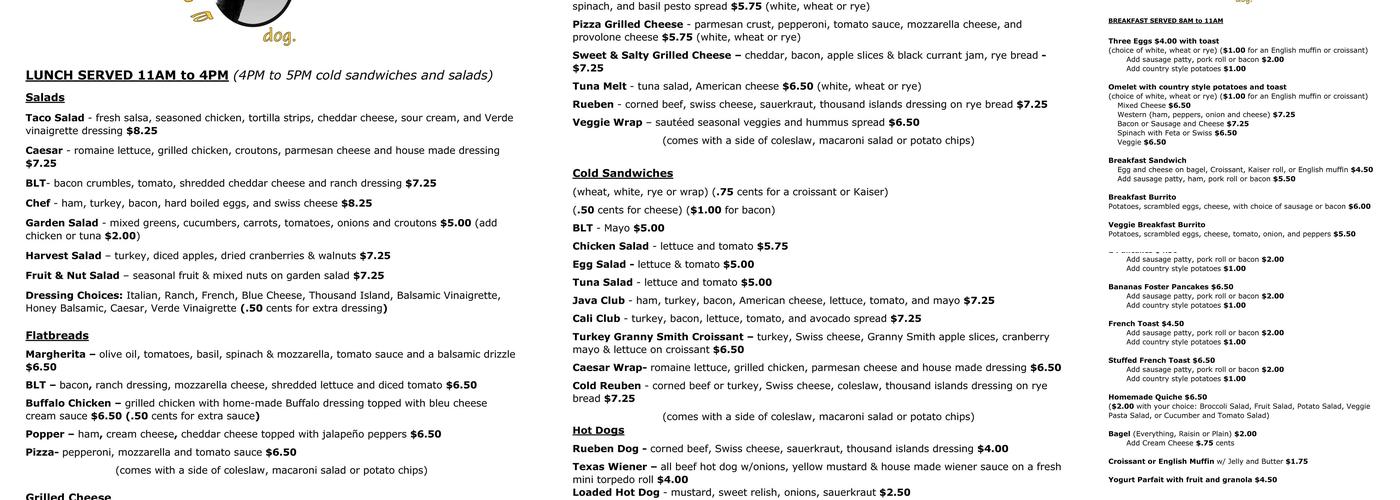Java Dog Coffee & Tea Menu