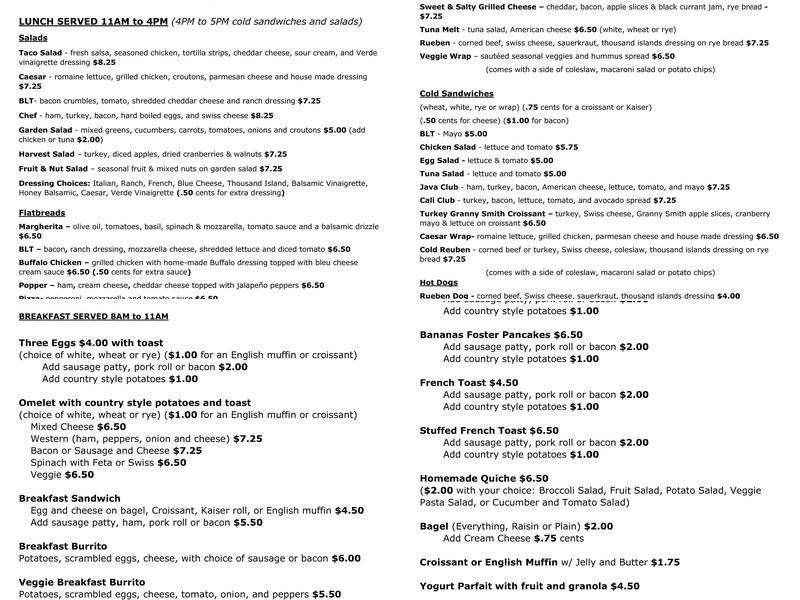 Java Dog Coffee & Tea Menu