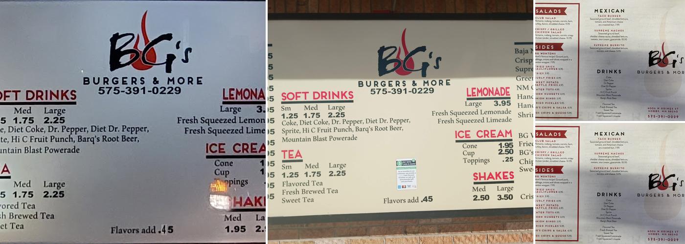 BG's Burgers & More Menu