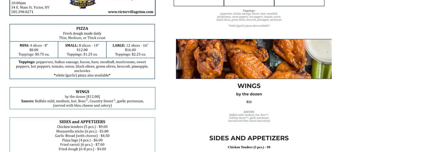 Victor Village Inn featuring TK's Pizza Menu