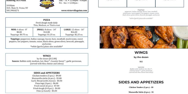 Victor Village Inn featuring TK's Pizza Menu