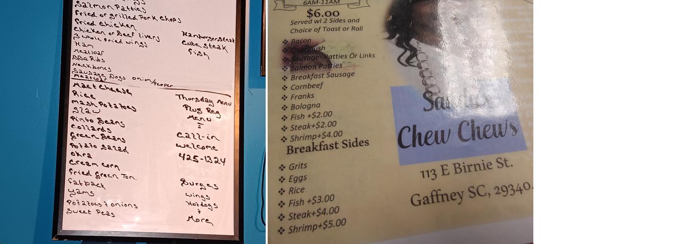 Sandy’s Chew Chew’s Menu