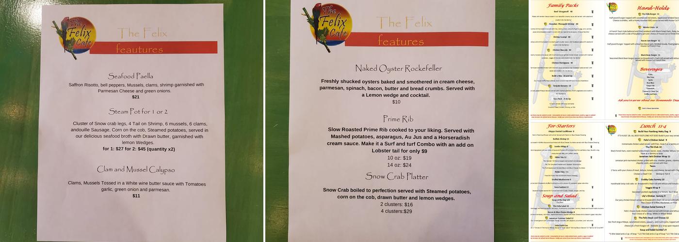 The Felix Cafe Menu