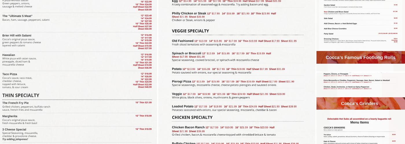 Cocca's Pizza Menu