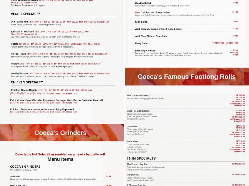 Cocca's Pizza Menu